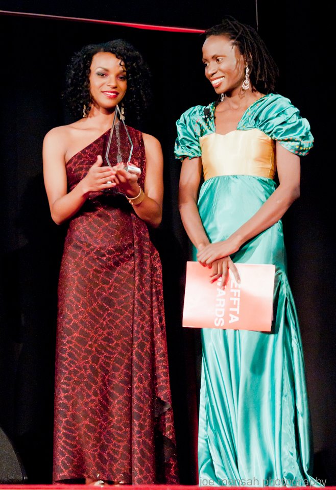 BEFFTA founder Pauline Long on stage with Queen of Zambia UK model presenting the awards